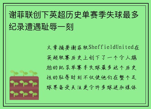 谢菲联创下英超历史单赛季失球最多纪录遭遇耻辱一刻