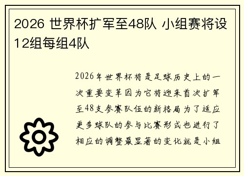2026 世界杯扩军至48队 小组赛将设12组每组4队